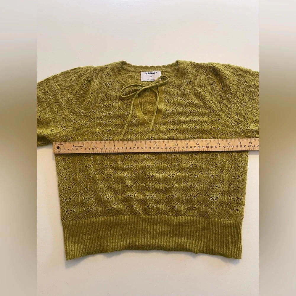 Puff-Sleeve Tie-Neck Pointelle Sweater Open Knit XS